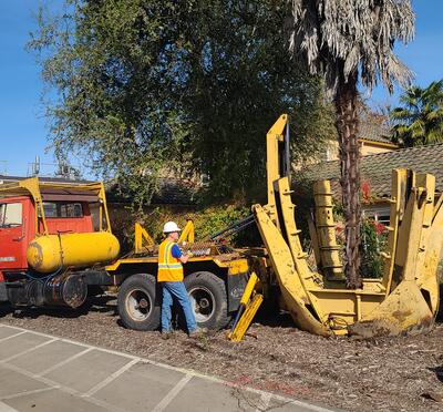 A machine pulling a palm tree out of the ground. 