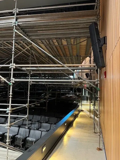 Scaffolding set up in an auditorium